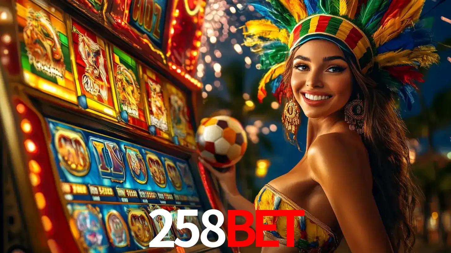 Mulher com um cocar de carnaval ao lado de uma máquina de caça-níqueis enquanto segura uma bola de futebol, mostrando a união da diversão de cassino e esportes no 258bet.