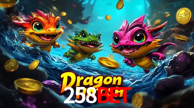 Arte promocional do jogo Dragon Hatch com três adoráveis dragões bebês nadando entre moedas de ouro, um dos slots mais divertidos para jogar no cassino 258bet.