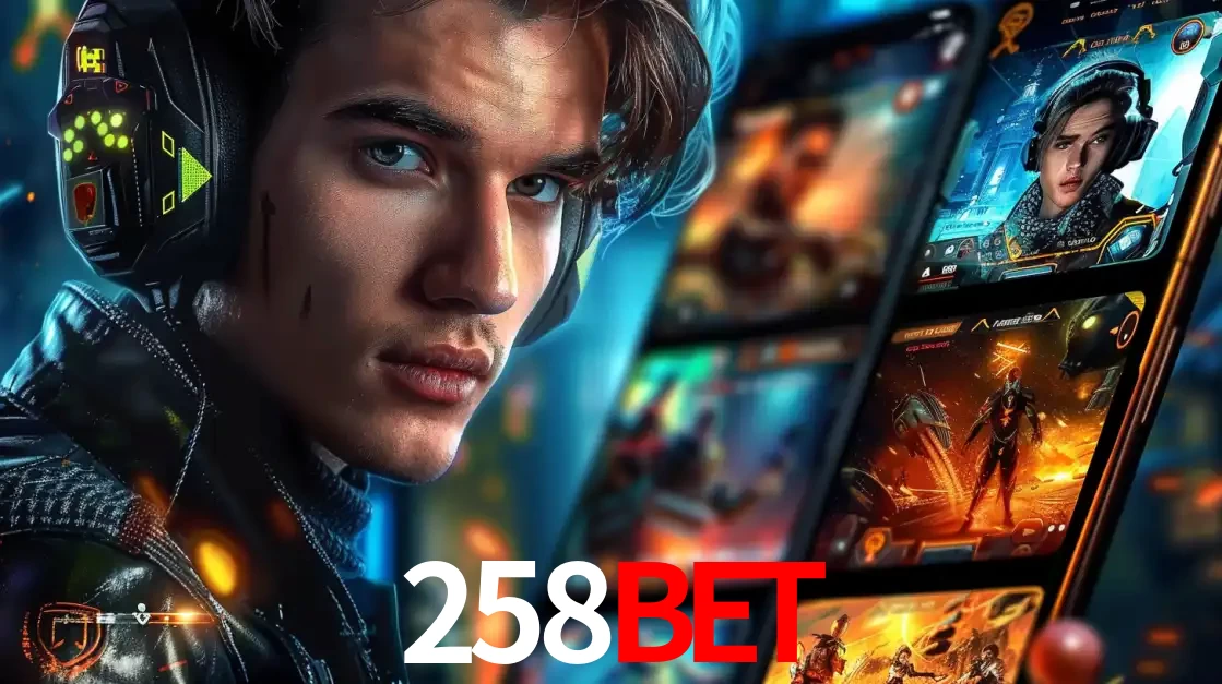 Jovem jogador com fones de ouvido olhando para a câmera, com um aplicativo de jogos e e-sports para celular ao fundo, pronto para a competição e apostas no 258bet.