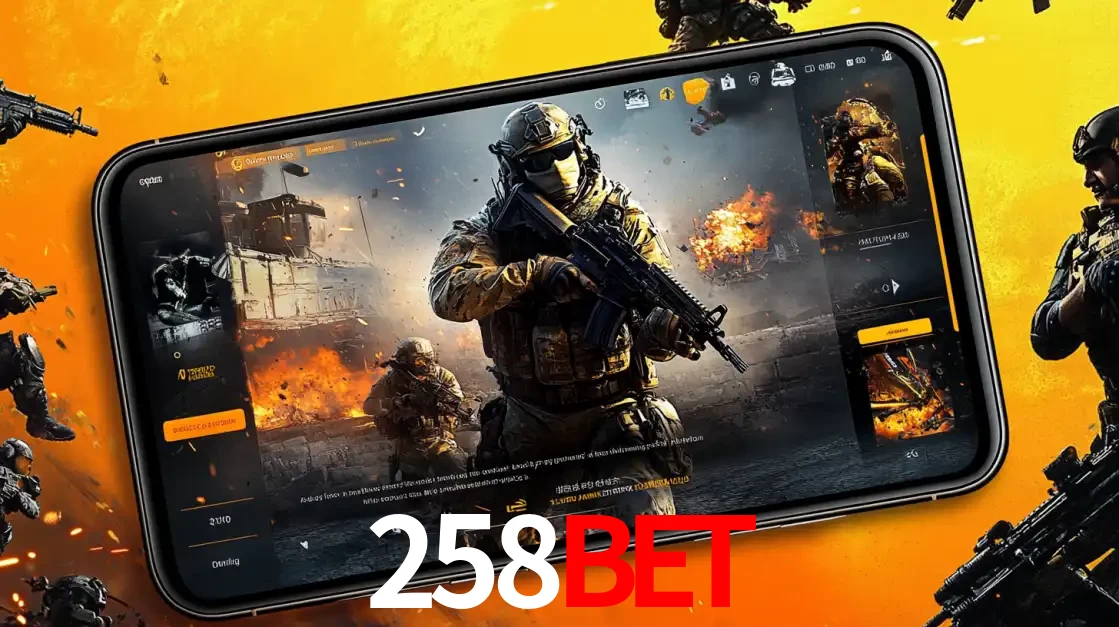 Um smartphone exibindo a interface de um jogo de tiro em primeira pessoa, com um soldado em um cenário de batalha, representando a ação dos e-sports para apostar no 258bet.