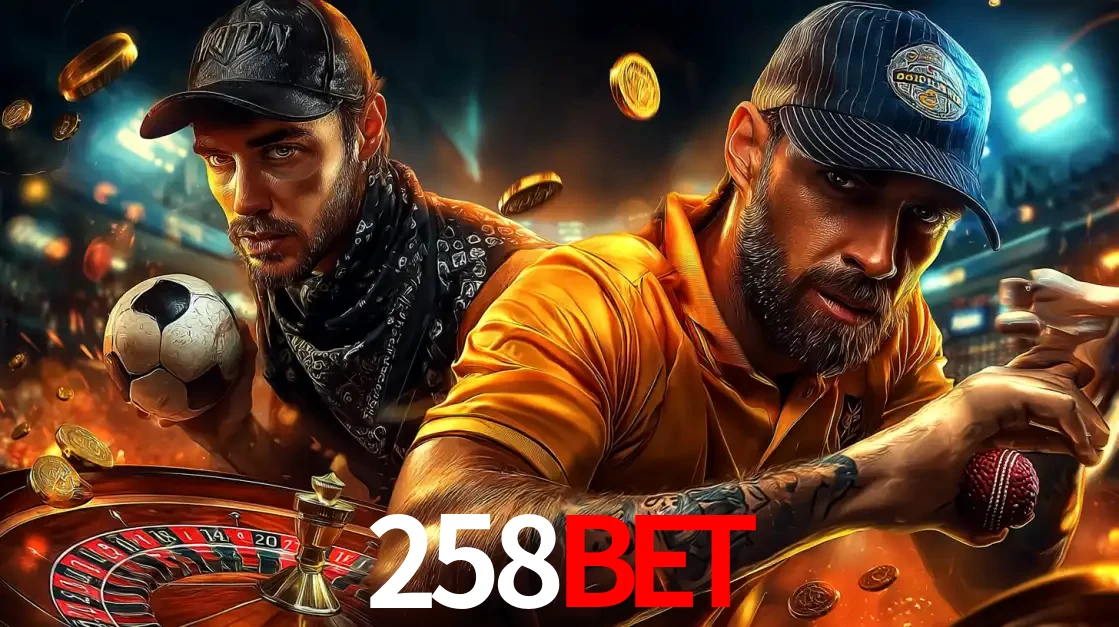 Montagem de apostas esportivas e cassino no 258bet, com um homem segurando uma bola de futebol e outro uma de beisebol sobre uma roleta e moedas voadoras.