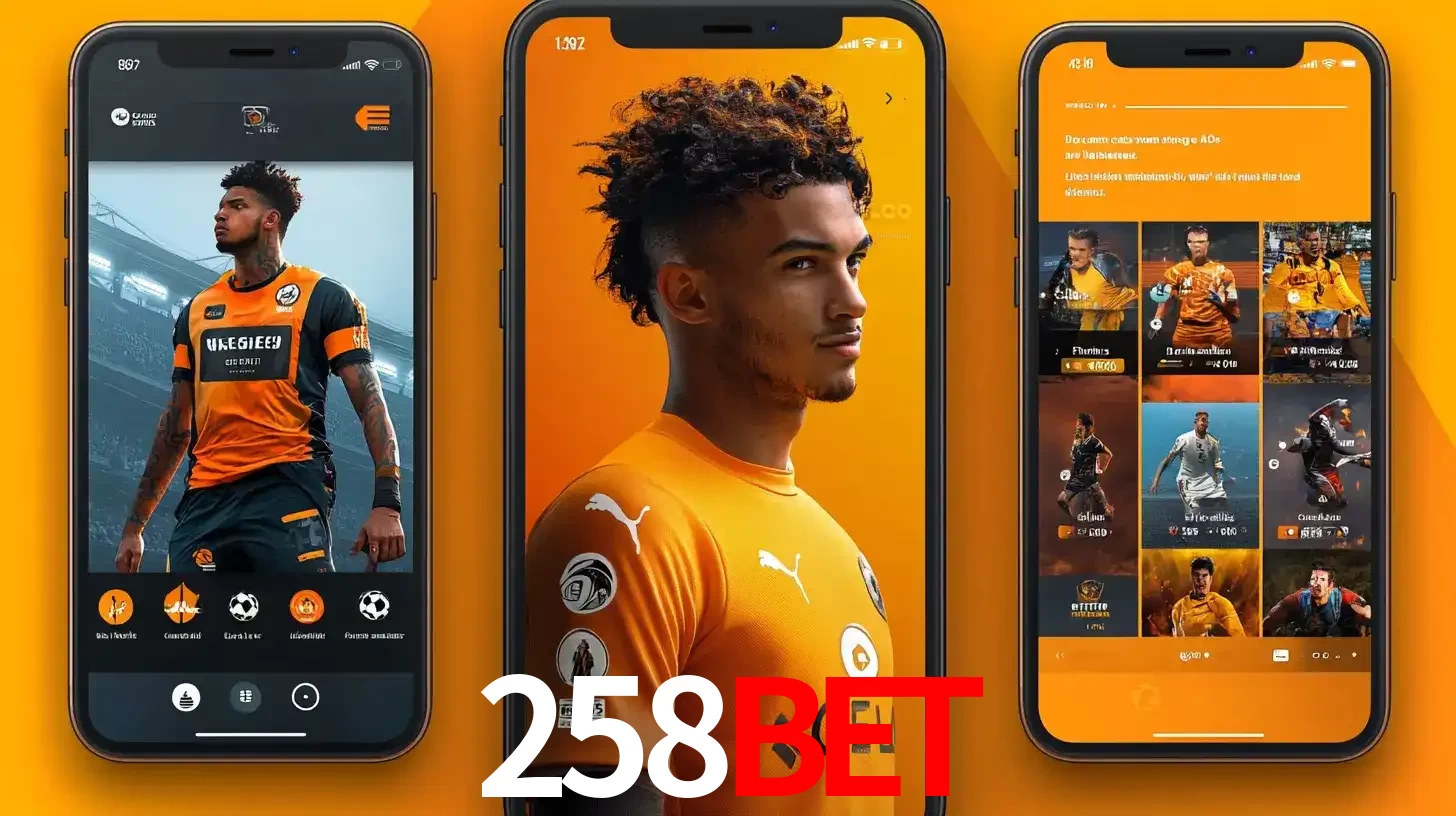 Interface do aplicativo de apostas esportivas 258bet em três telas de celular, mostrando o perfil de um jogador de futebol e a lista de jogos disponíveis para apostar.