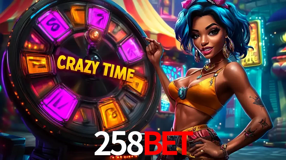 Mulher estilizada com cabelo azul e visual vibrante posando ao lado da roda de prêmios do game show Crazy Time, convidando para a diversão e os bônus do cassino 258bet.