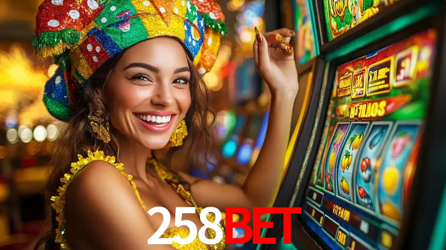 Mulher feliz com traje de carnaval amarelo e colorido ao lado de uma máquina de caça-níqueis, aproveitando a diversão e os jogos temáticos do cassino 258bet.